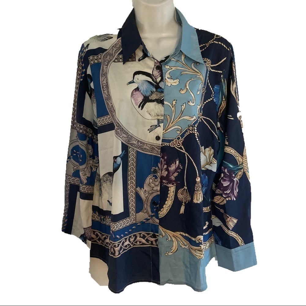 Hanxiner Button Down Soft Poly Top Blue Tan L